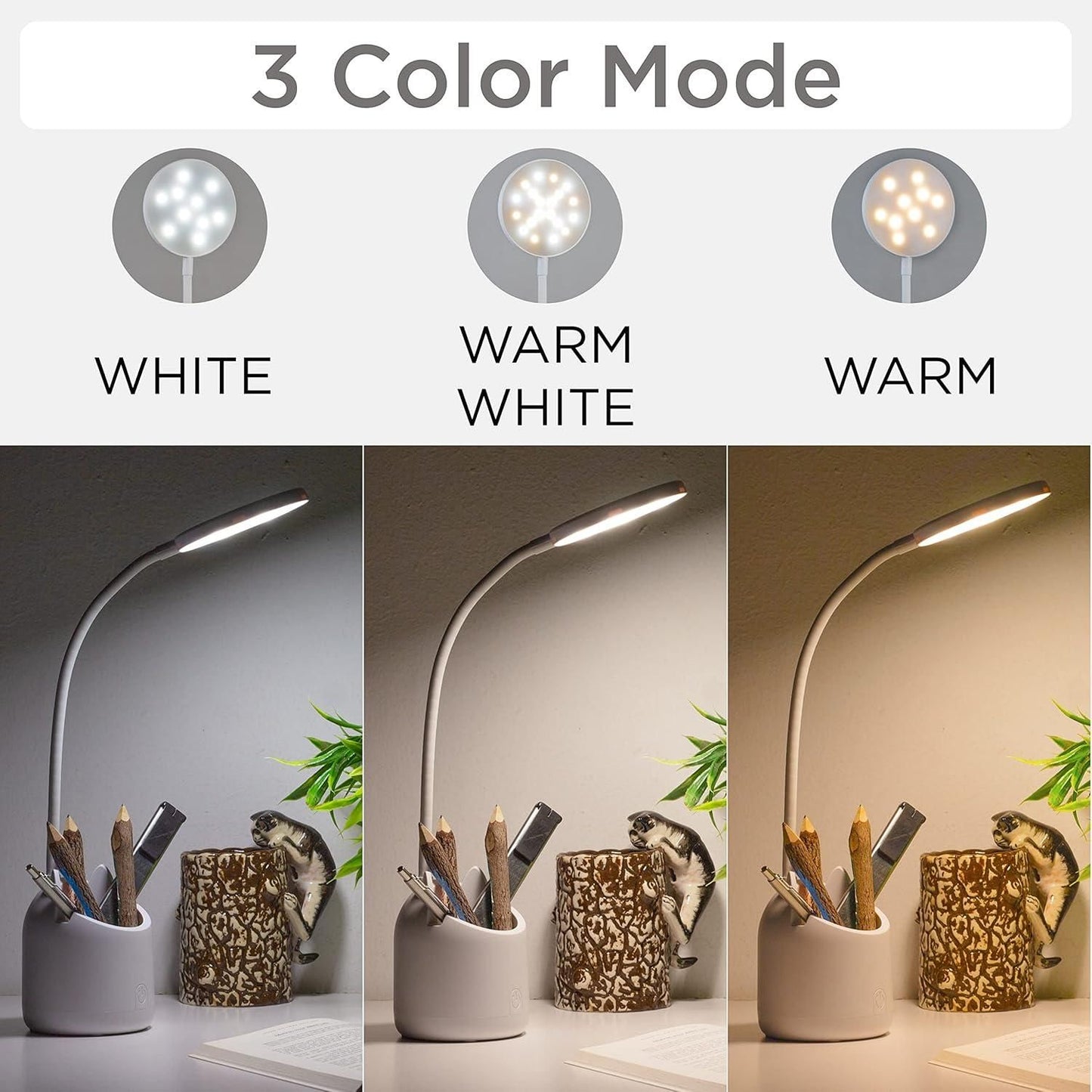 3 Colour Mode LED Study/Table/Desk Lamp with Pen Holder(Plastic, White, Pack of 1)