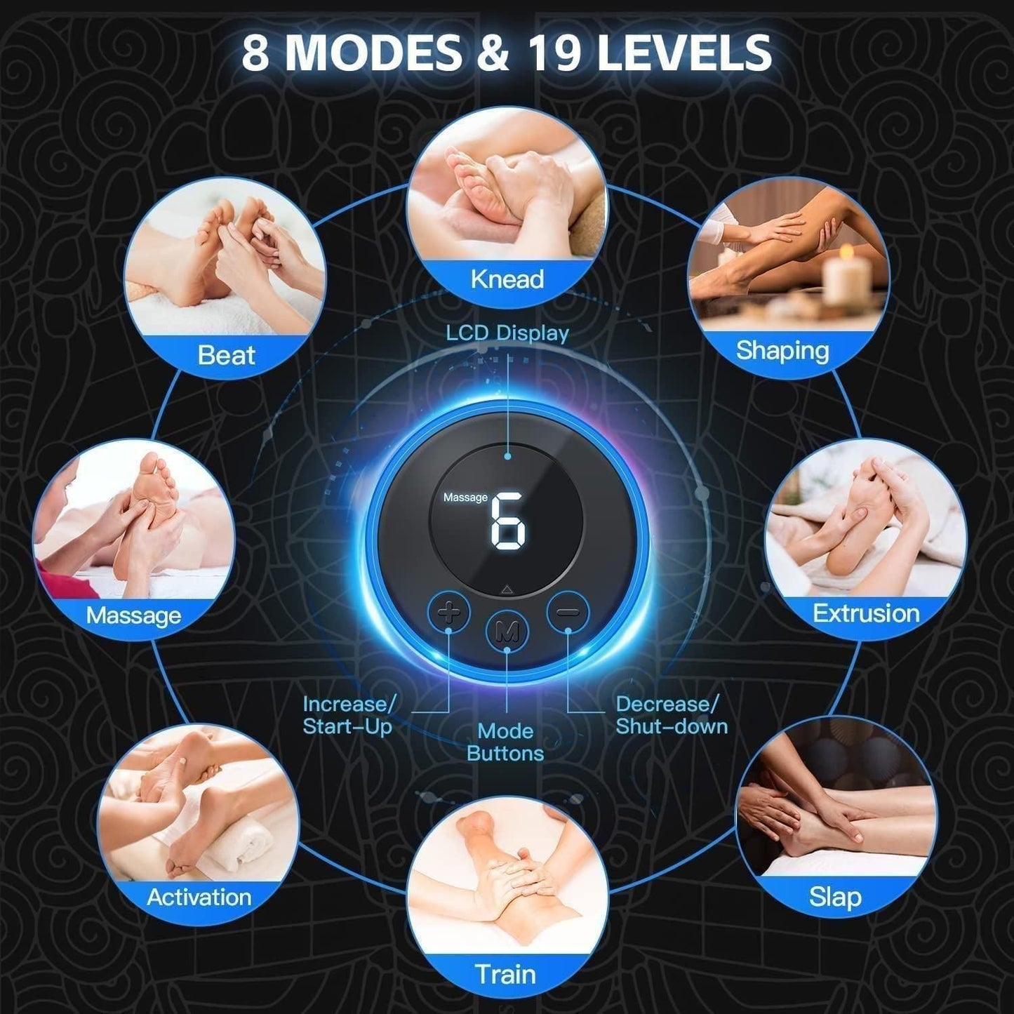 Foot Massager, Pain Relief Wireless Electric EMS Massage Machine,Rechargeable Portable Folding Automatic with 8 Mode19 Intensity for Legs, Body, Hand Therapy (BLUED)